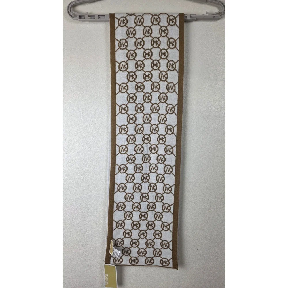 Michael Kors Knit Scarf Camel Cream Reversible MK Logo Monogram 62